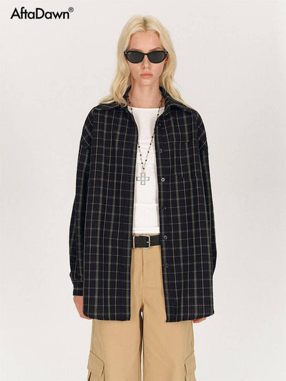AFTADAWN Soft Textured Plaid Patchwork Collared Loose Women&