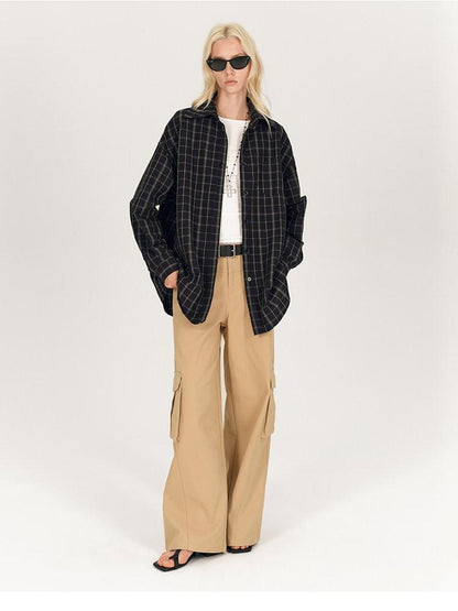 AFTADAWN Soft Textured Plaid Patchwork Collared Loose Women&