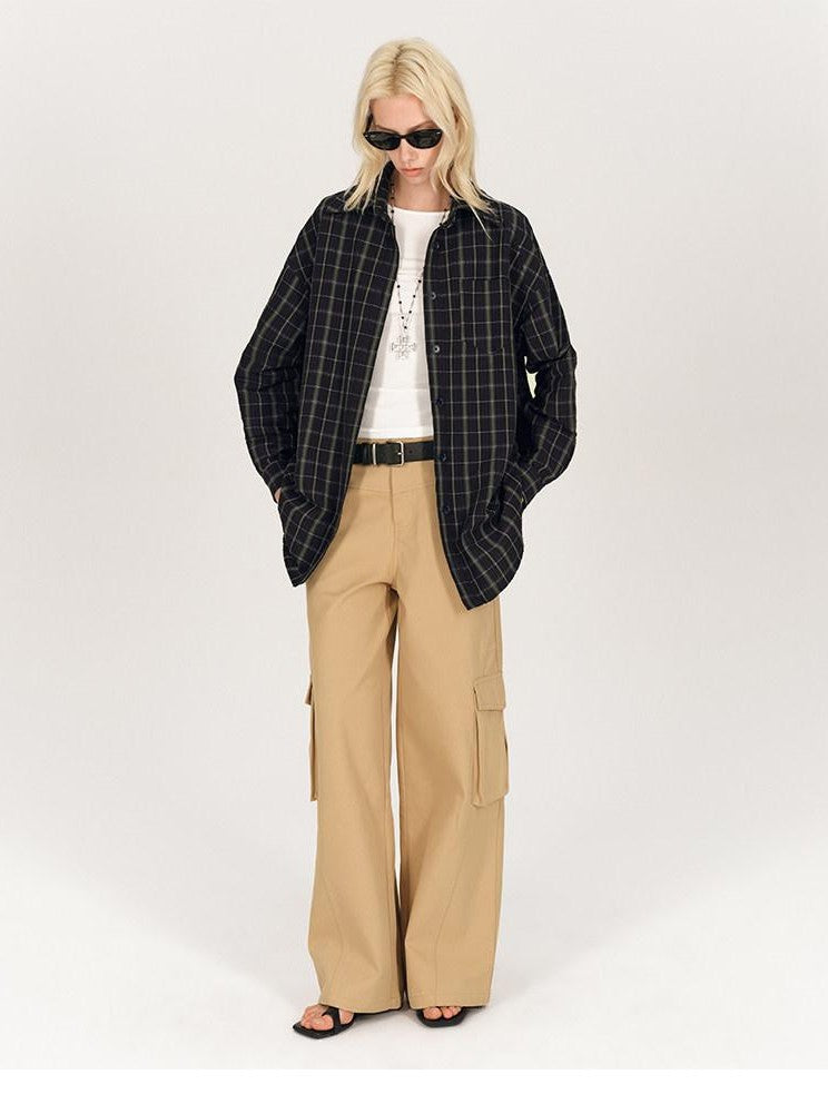 AFTADAWN Soft Textured Plaid Patchwork Collared Loose Women&