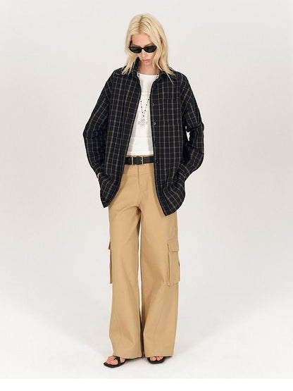 AFTADAWN Soft Textured Plaid Patchwork Collared Loose Women&