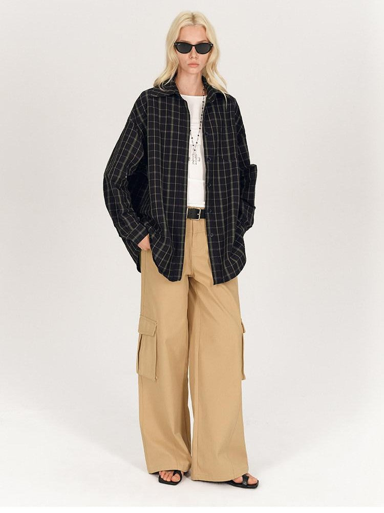 AFTADAWN Soft Textured Plaid Patchwork Collared Loose Women&