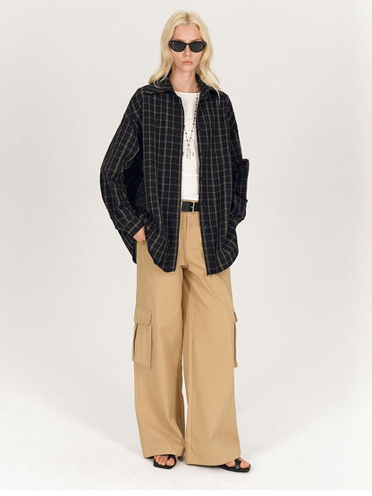 AFTADAWN Soft Textured Plaid Patchwork Collared Loose Women&