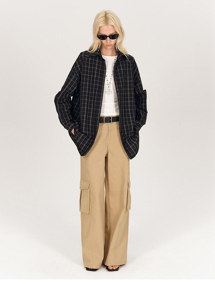 AFTADAWN Soft Textured Plaid Patchwork Collared Loose Women&