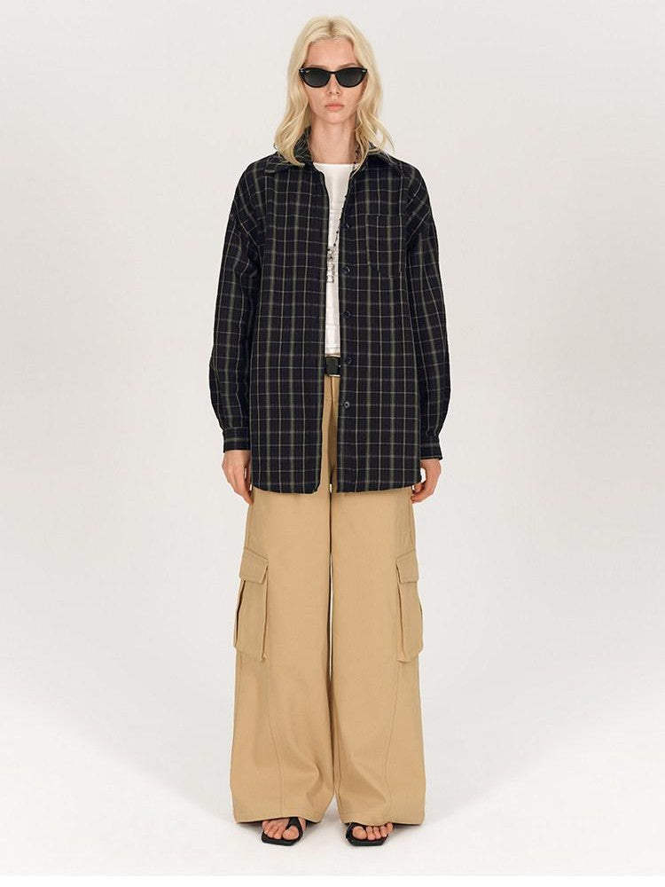 AFTADAWN Soft Textured Plaid Patchwork Collared Loose Women&