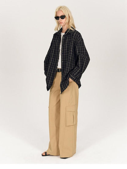 AFTADAWN Soft Textured Plaid Patchwork Collared Loose Women&