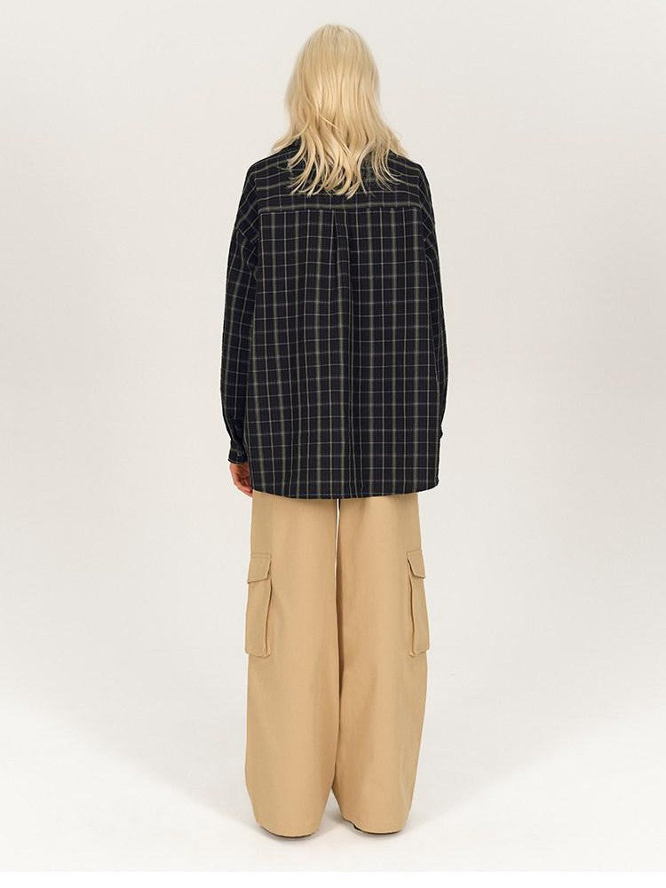 AFTADAWN Soft Textured Plaid Patchwork Collared Loose Women&