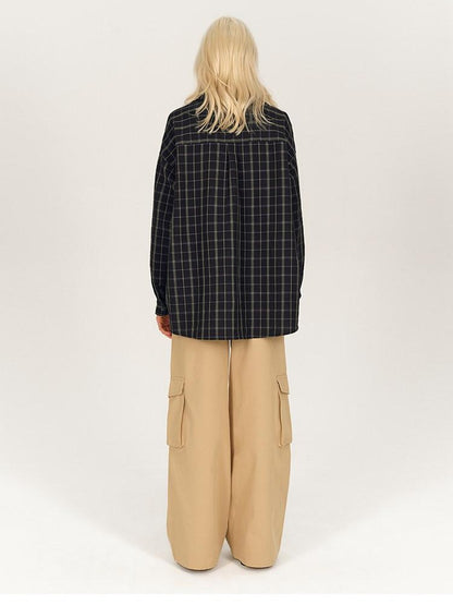 AFTADAWN Soft Textured Plaid Patchwork Collared Loose Women&