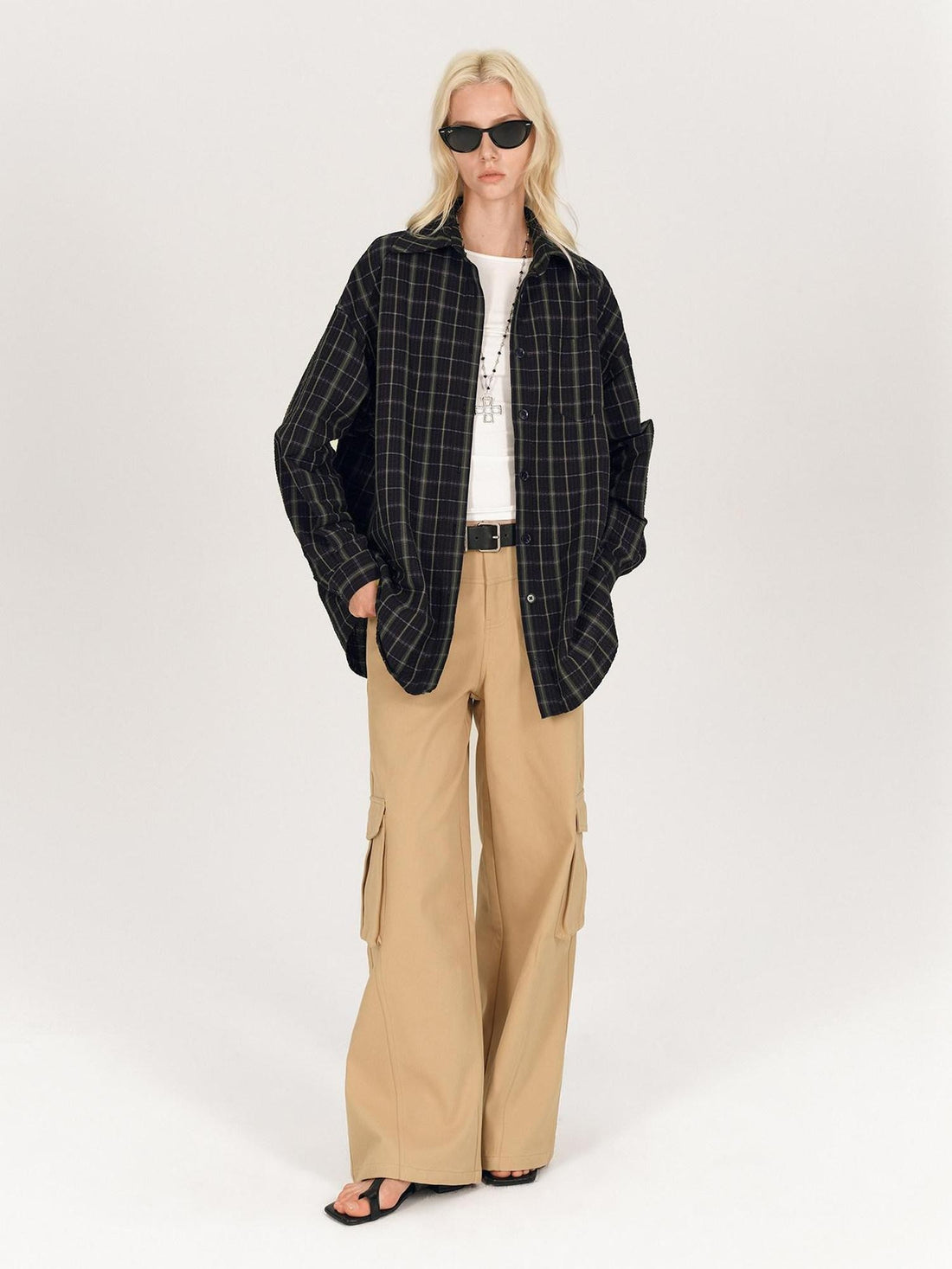 AFTADAWN Soft Textured Plaid Patchwork Collared Loose Women&