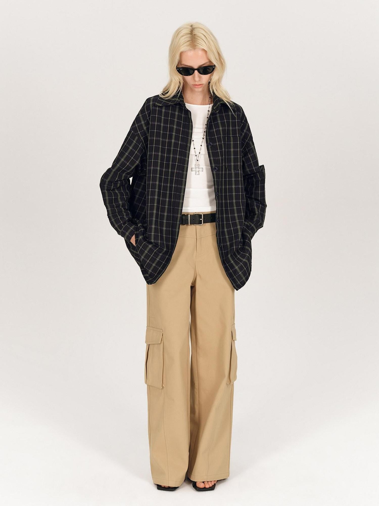 AFTADAWN Soft Textured Plaid Patchwork Collared Loose Women&