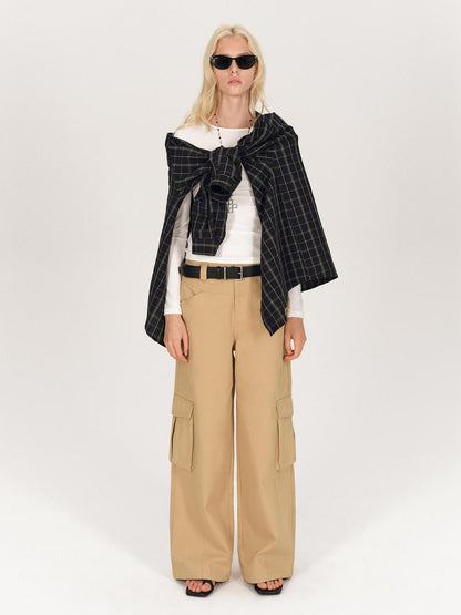 AFTADAWN Soft Textured Plaid Patchwork Collared Loose Women&