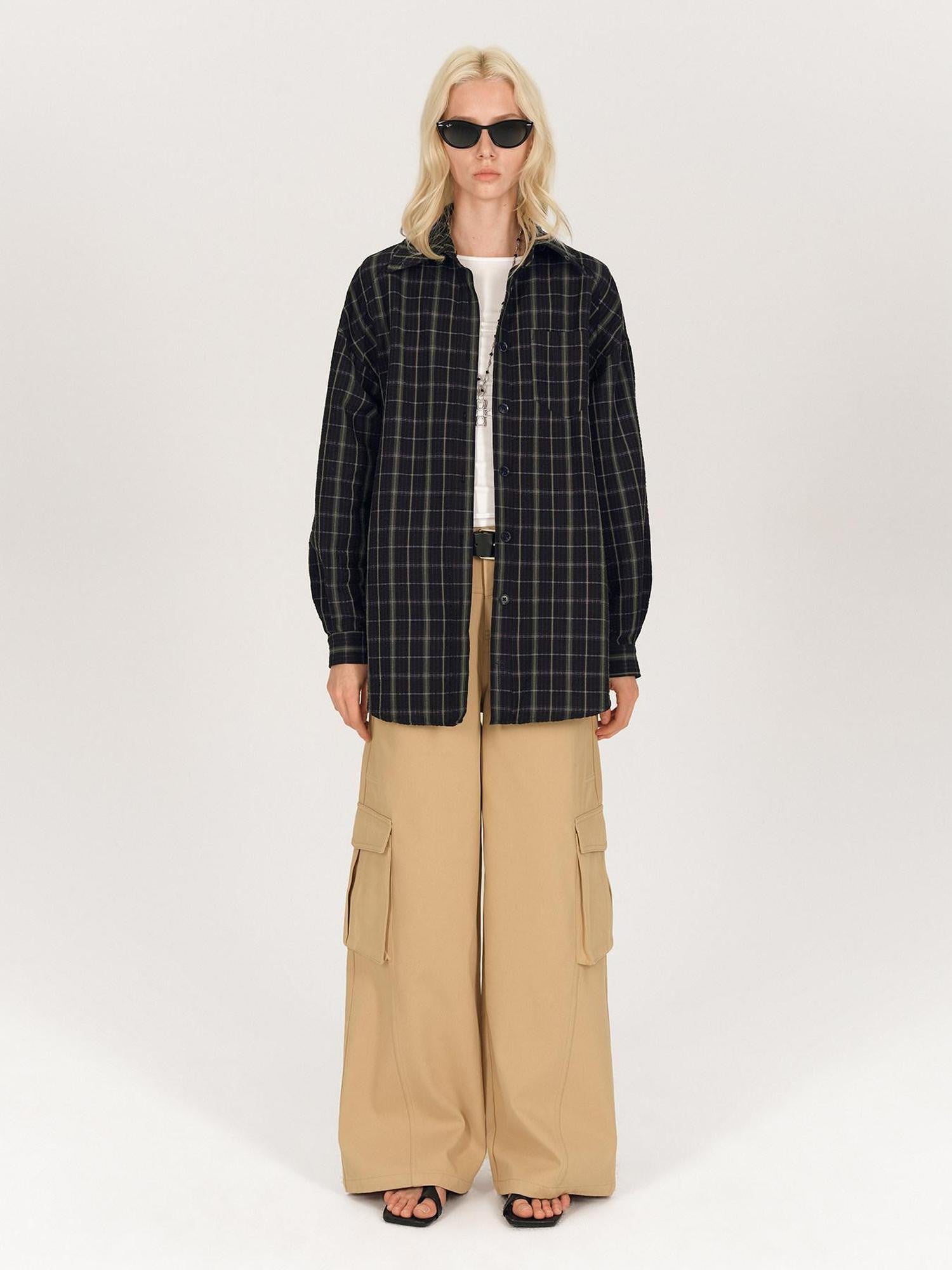 AFTADAWN Soft Textured Plaid Patchwork Collared Loose Women&