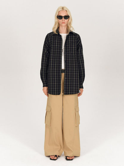 AFTADAWN Soft Textured Plaid Patchwork Collared Loose Women&