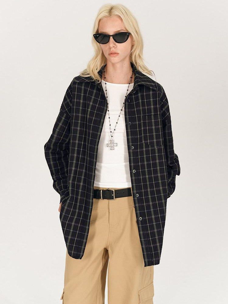 AFTADAWN Soft Textured Plaid Patchwork Collared Loose Women&