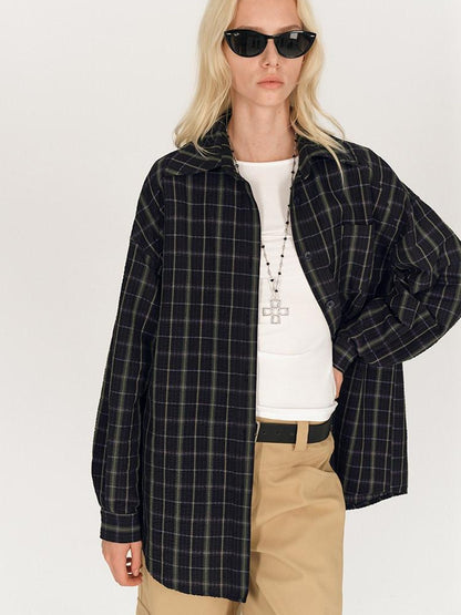 AFTADAWN Soft Textured Plaid Patchwork Collared Loose Women&