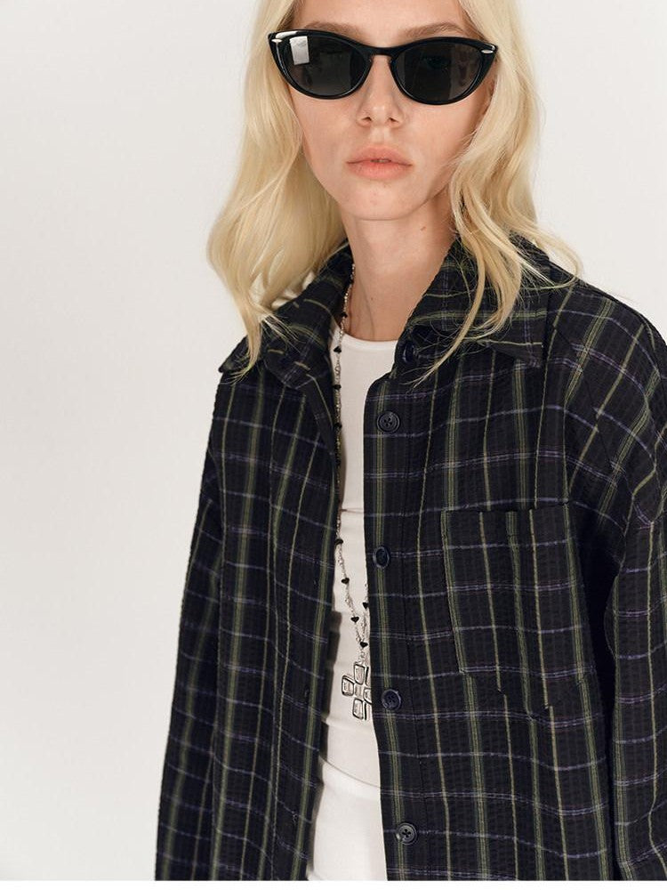 AFTADAWN Soft Textured Plaid Patchwork Collared Loose Women&