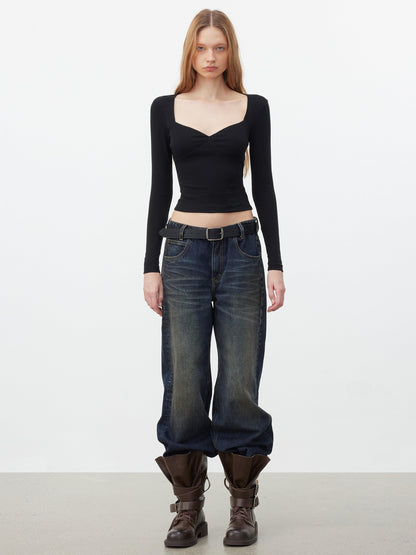 AFTADAWN Soft Touch Square Neck Slim Cropped Women&