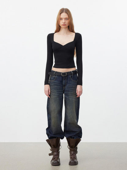 AFTADAWN Soft Touch Square Neck Slim Cropped Women&