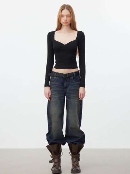AFTADAWN Soft Touch Square Neck Slim Cropped Women&