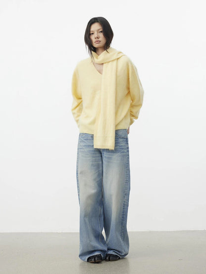 AFTADAWN Soft V-Neck Cashmere Wool Sweater With Scarf Cardigan