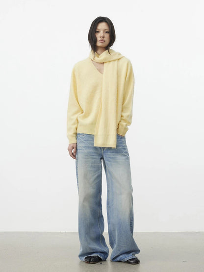 AFTADAWN Soft V-Neck Cashmere Wool Sweater With Scarf Cardigan