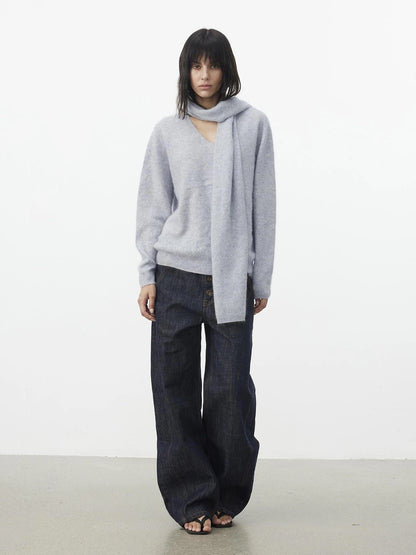 AFTADAWN Soft V-Neck Cashmere Wool Sweater With Scarf Cardigan