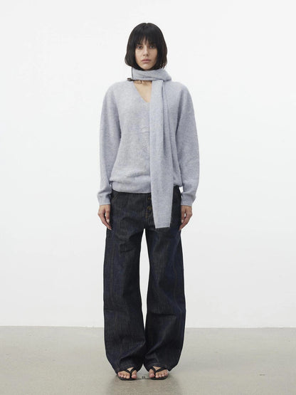 AFTADAWN Soft V-Neck Cashmere Wool Sweater With Scarf Cardigan