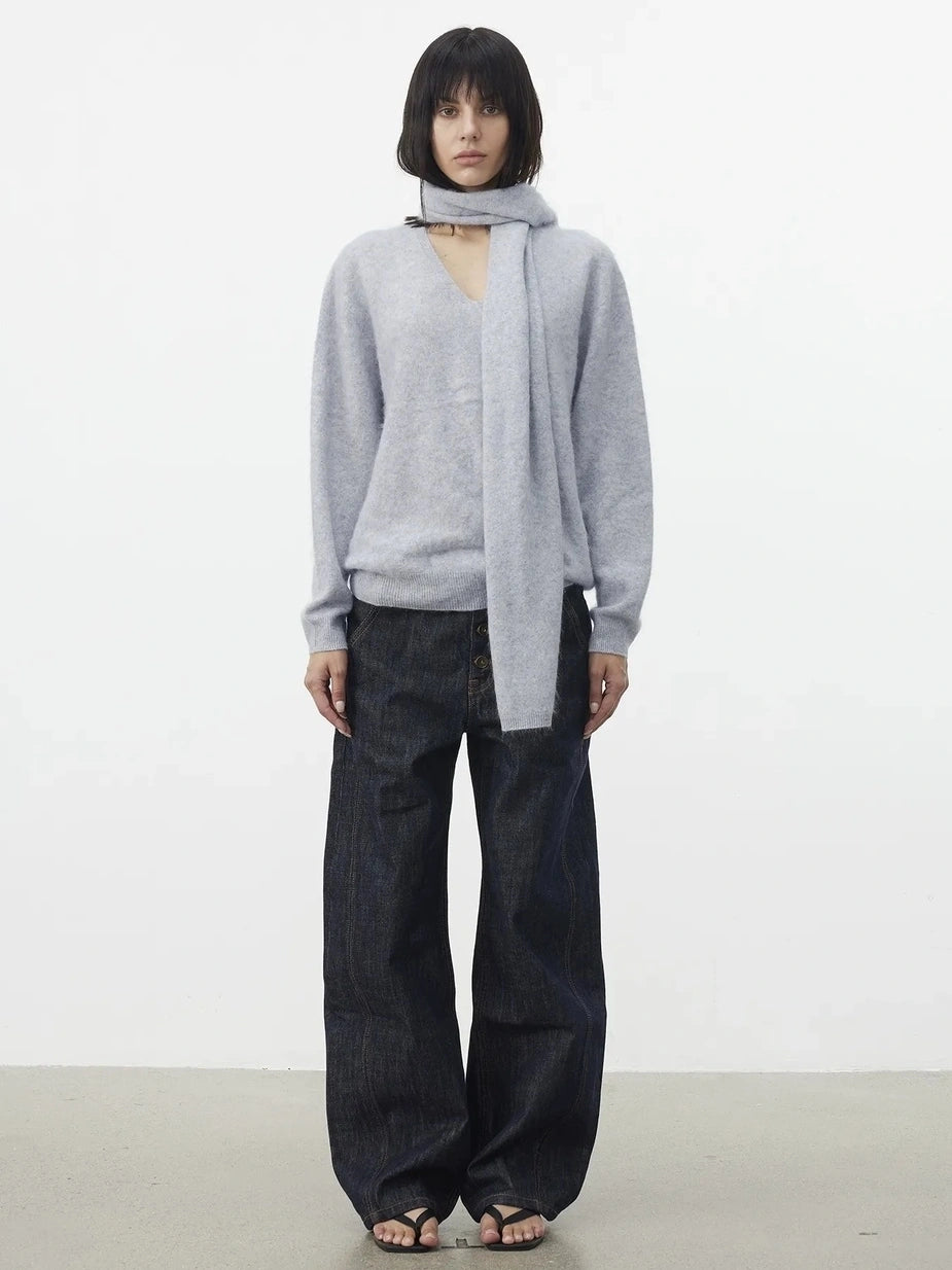 AFTADAWN Soft V-Neck Cashmere Wool Sweater With Scarf Cardigan