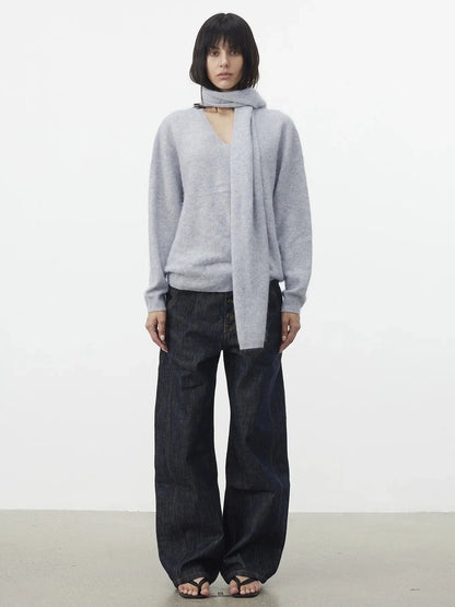 AFTADAWN Soft V-Neck Cashmere Wool Sweater With Scarf Cardigan