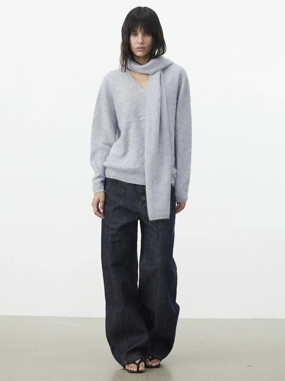 AFTADAWN Soft V-Neck Cashmere Wool Sweater With Scarf Cardigan