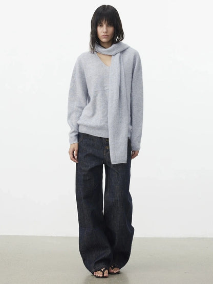 AFTADAWN Soft V-Neck Cashmere Wool Sweater With Scarf Cardigan