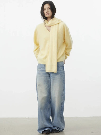 AFTADAWN Soft V-Neck Cashmere Wool Sweater With Scarf Cardigan