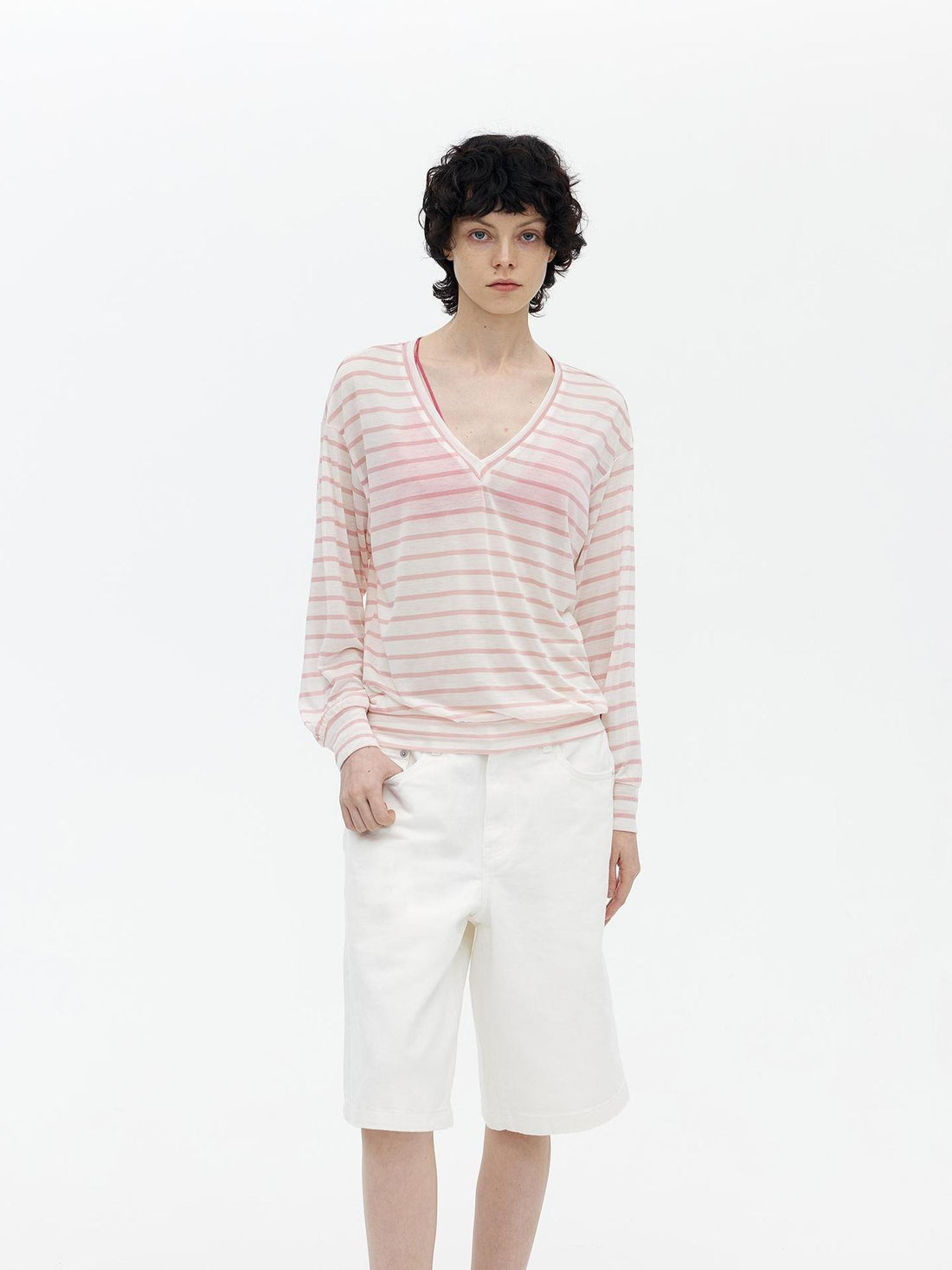 AFTADAWN Soft V-Neck Wool Blend Striped Top