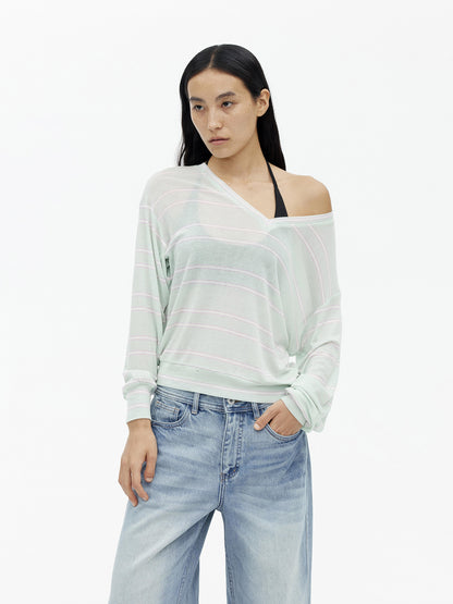 AFTADAWN Soft V-Neck Wool Blend Striped Top