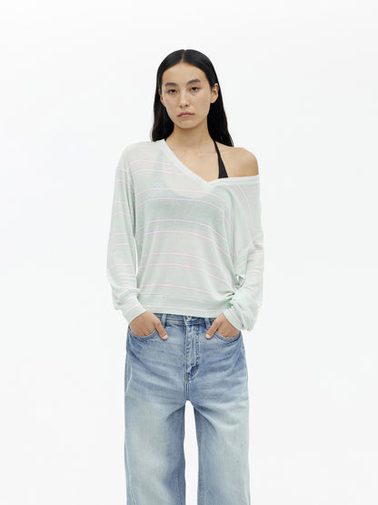 AFTADAWN Soft V-Neck Wool Blend Striped Top