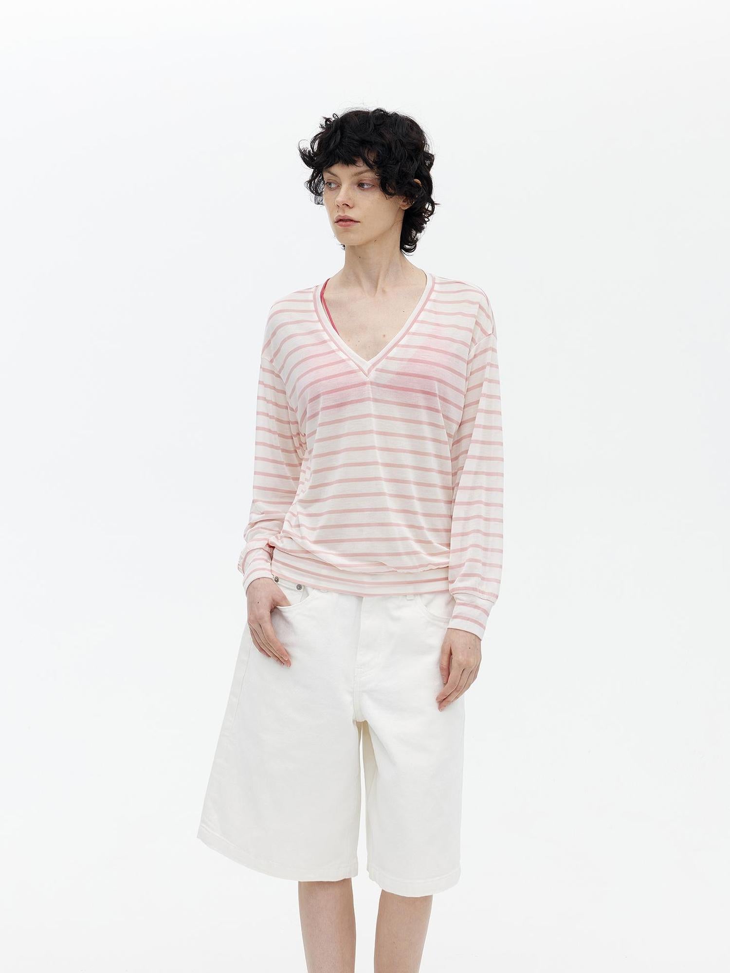 AFTADAWN Soft V-Neck Wool Blend Striped Top