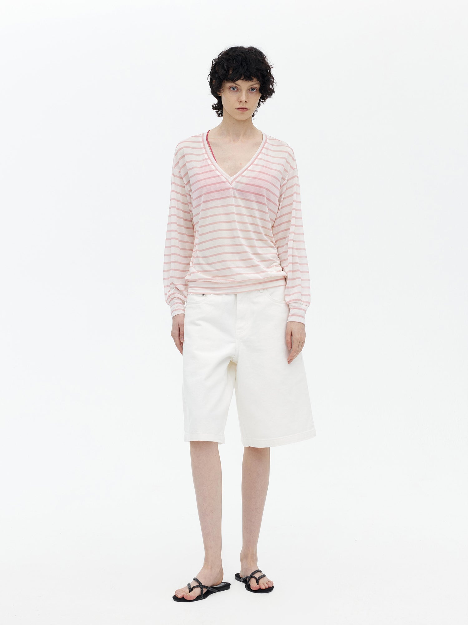 AFTADAWN Soft V-Neck Wool Blend Striped Top