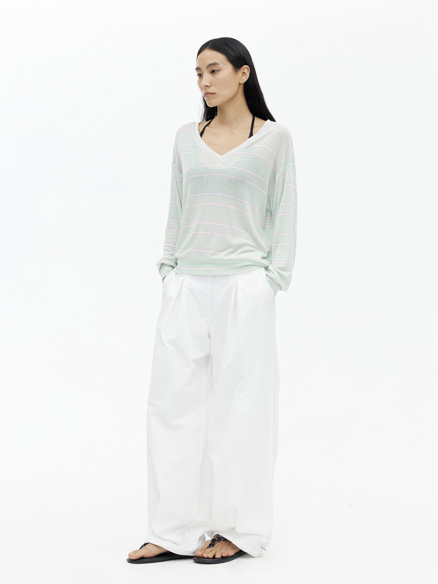 AFTADAWN Soft V-Neck Wool Blend Striped Top