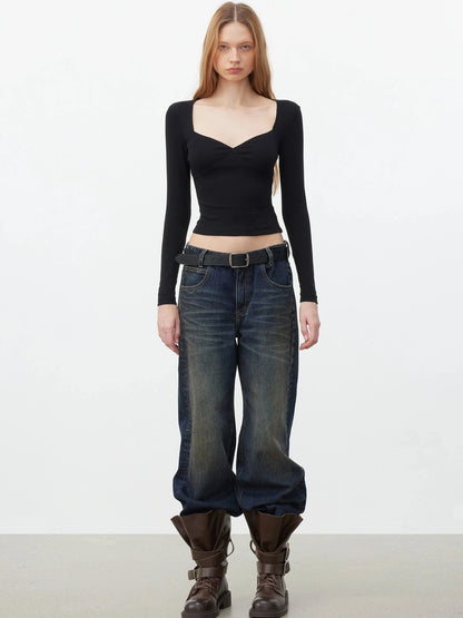 AFTADAWN Soft V-neck Slim Fit Cropped Top T-shirt