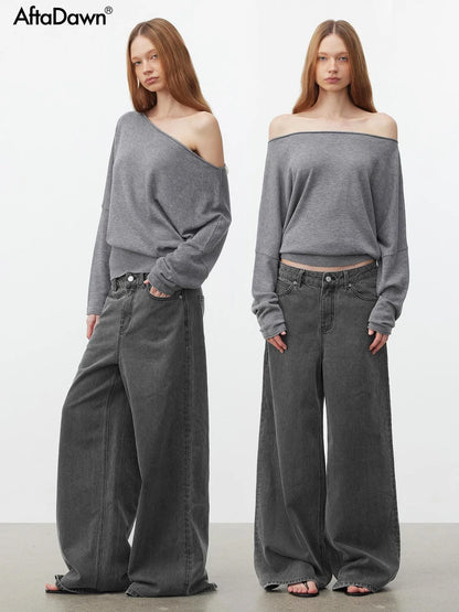 AFTADAWN Soft Wool Off Shoulder Oversized Sweater Sweater