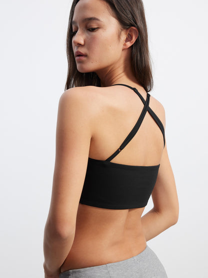 AFTADAWN Solid Cross Halter Open Back Removable Pad Cropped Women&