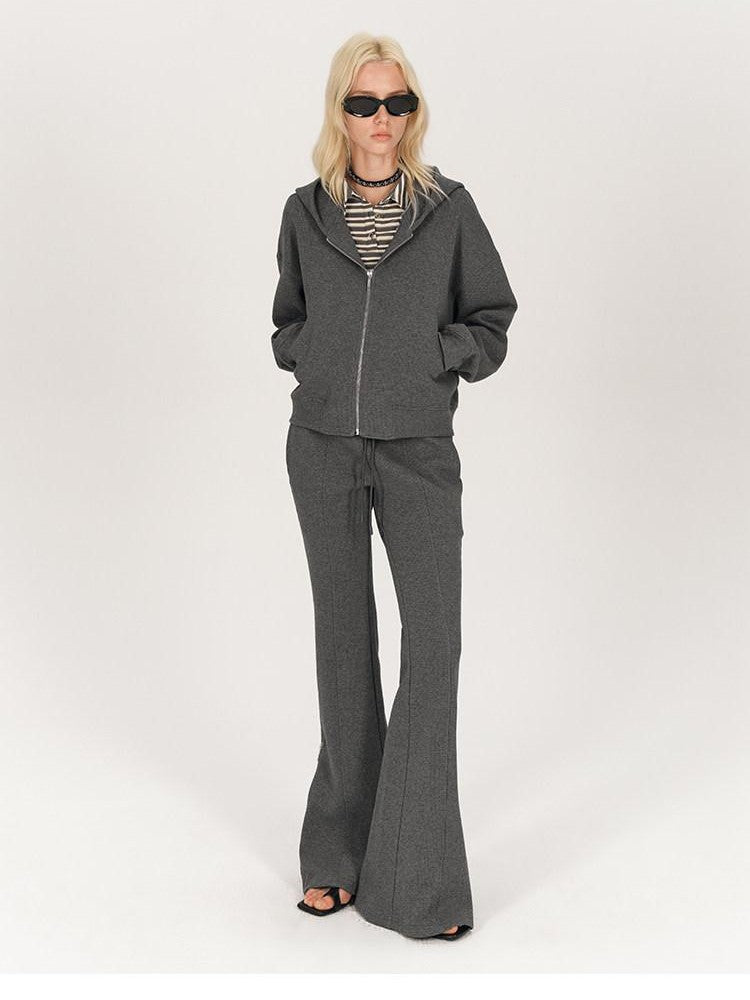 AFTADAWN Solid Hooded Zip Jacket Micro Flare Pants Women&