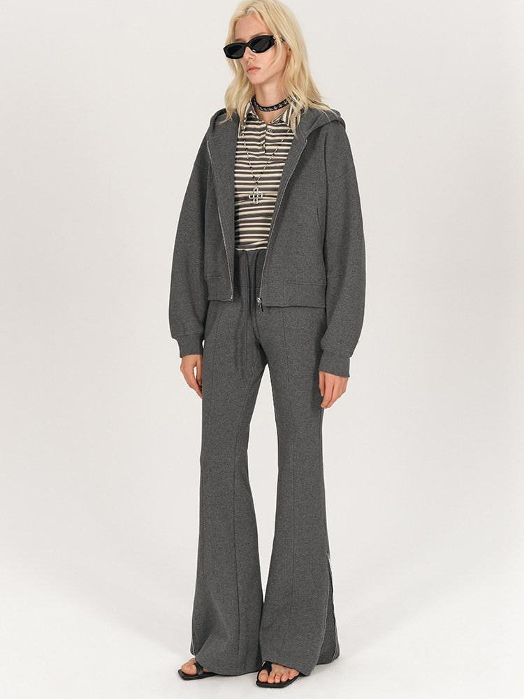 AFTADAWN Solid Hooded Zip Jacket Micro Flare Pants Women&