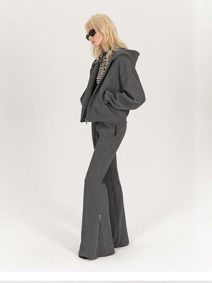 AFTADAWN Solid Hooded Zip Jacket Micro Flare Pants Women&