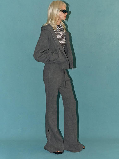 AFTADAWN Solid Hooded Zip Jacket Micro Flare Pants Women&