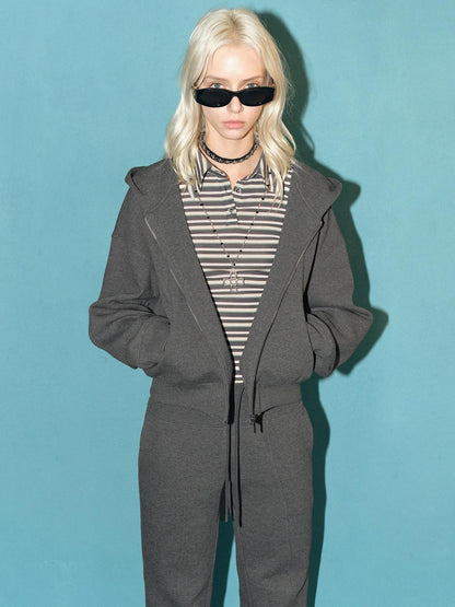 AFTADAWN Solid Hooded Zip Jacket Micro Flare Pants Women&