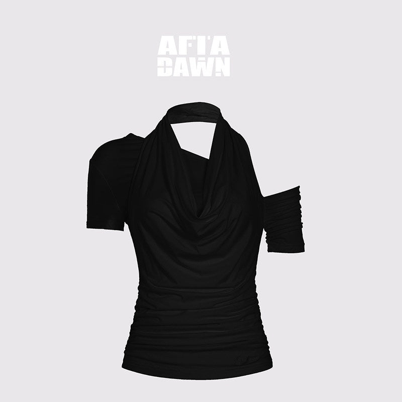AFTADAWN_Solid_Ruched_Halter_Slanted_Shoulder_Women&