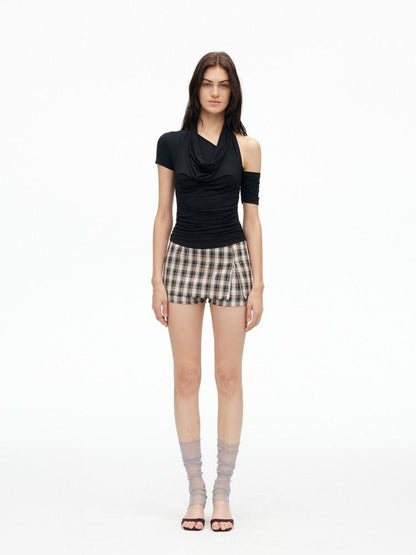 AFTADAWN Solid Ruched Halter Slanted Shoulder Women&