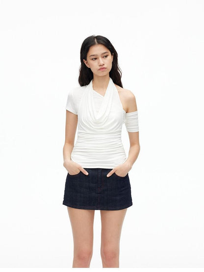 AFTADAWN Solid Ruched Halter Slanted Shoulder Women&