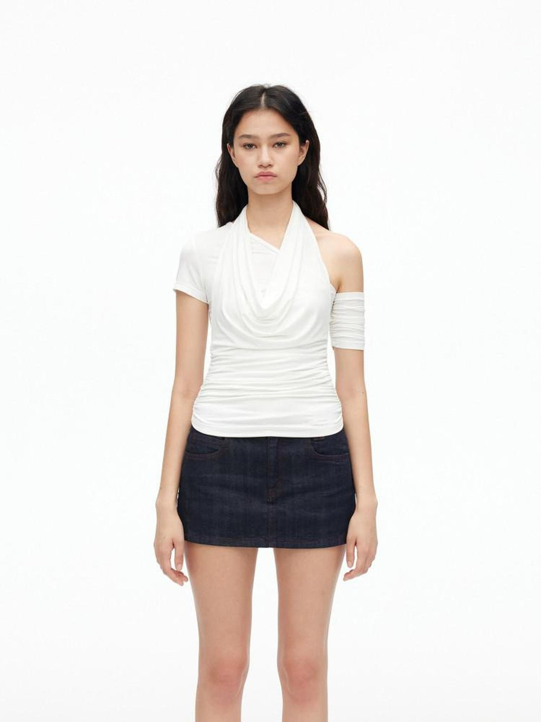 AFTADAWN Solid Ruched Halter Slanted Shoulder Women&