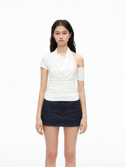AFTADAWN Solid Ruched Halter Slanted Shoulder Women&